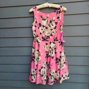 Betsey Johnson Pink Samon with Black Tan Roses Fit Flare Dress size 6 NWT!